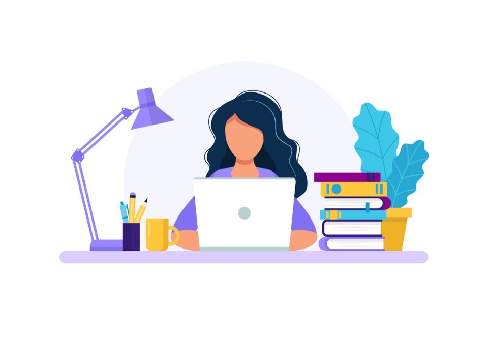 Illustration of a woman working at a laptop at her desk.