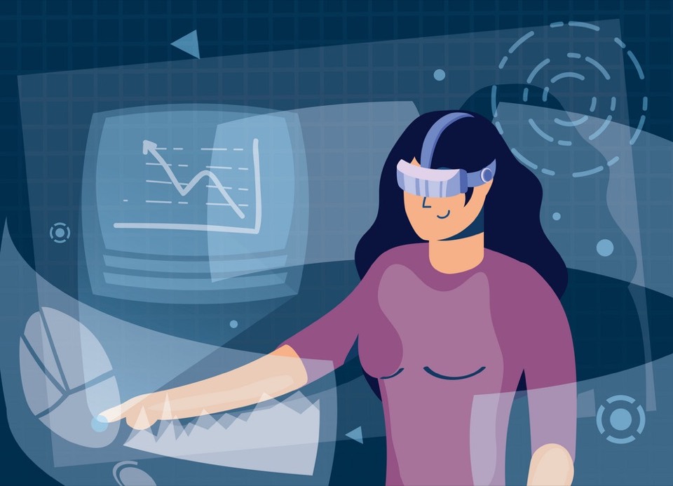 Illustration of a woman wearing a VR headset, reaching into floating screens.