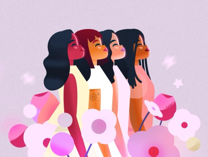 Illustration of a row of women in profile among flowers.