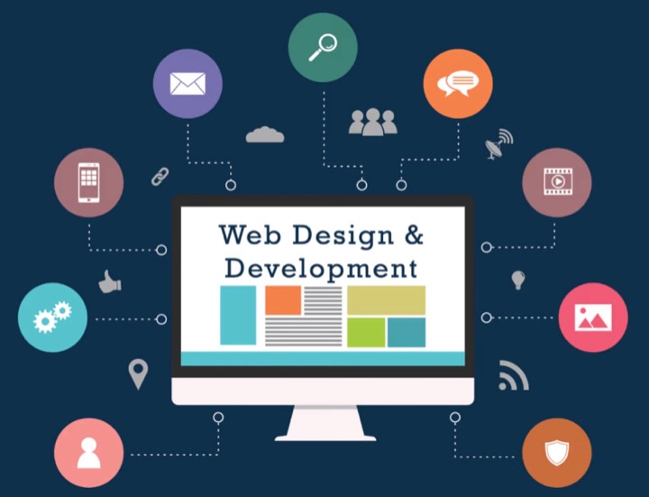 Illustration of a computer screen reading “Web Design & Development”, surrounded by icons.