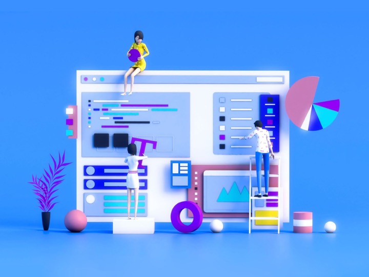 Illustration of people building a large 3D web page.